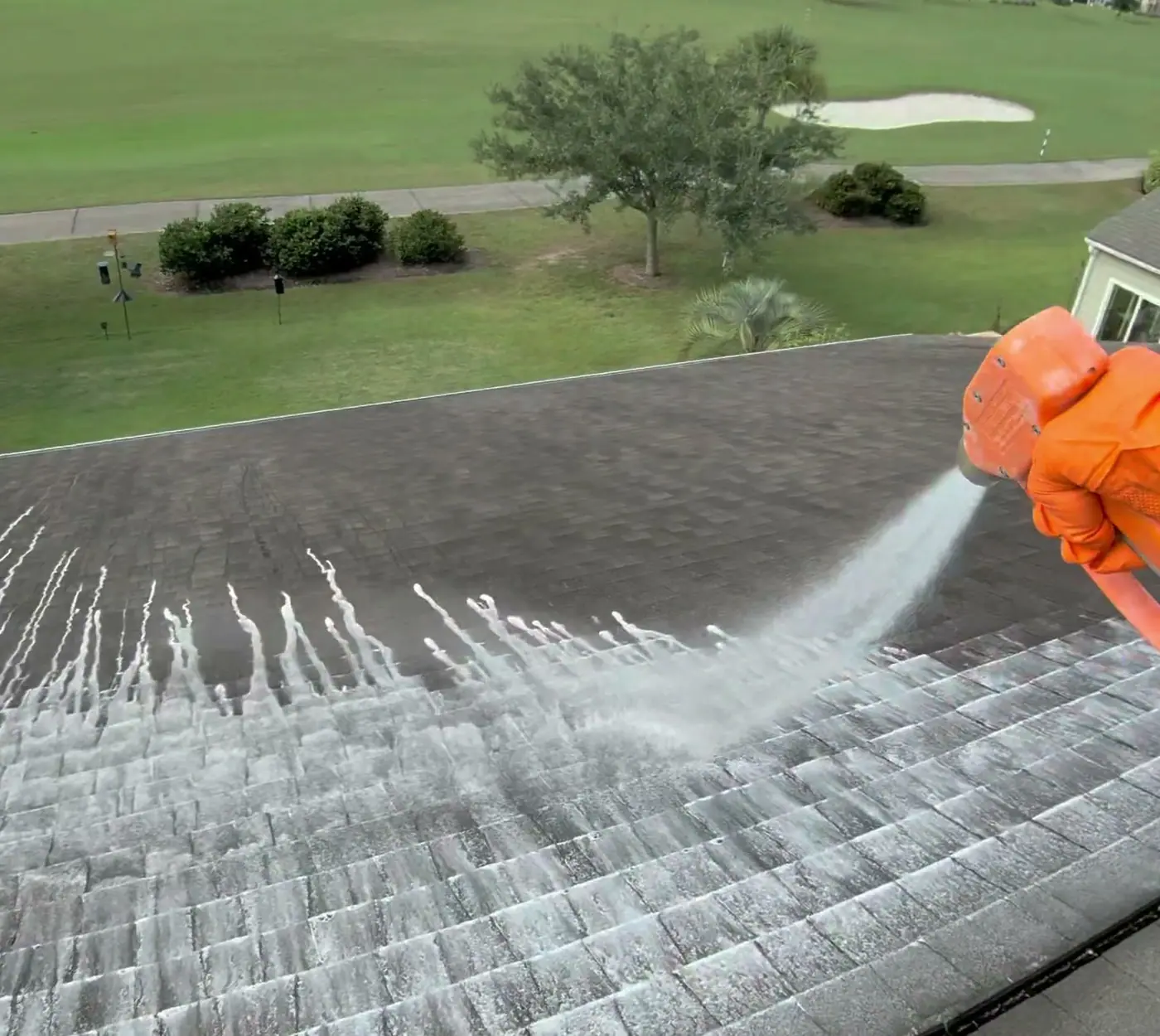 Soft wash mix lifting algae streaks off an asphalt shingle roof, on one of our jobs